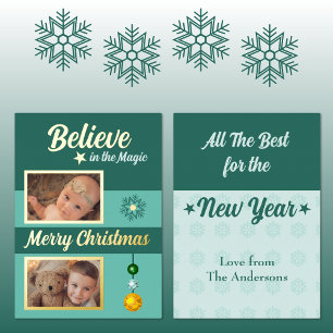 Tarjeta Festiva Con Relieve Metalizado Adornos de Navidad estrellas copo de nieve fotos v