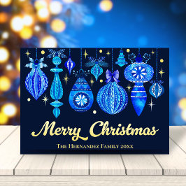 Tarjeta Festiva Con Relieve Metalizado Adornos Navideños Elegantes Acuarela Azul Marino
