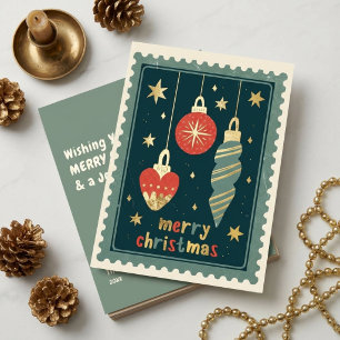 Tarjeta Festiva Con Relieve Metalizado Adornos Vintage Stamp Merry Christmas Sage Gold
