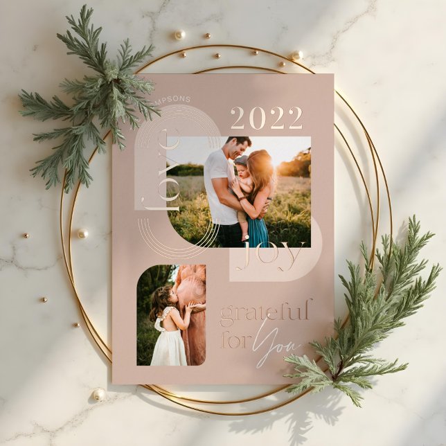 Tarjeta Festiva Con Relieve Metalizado Agradecido Por Ti Moderno Arco Geométrico Dos Foto (Grateful For You Modern Geometric Arch Two Photos Foil Holiday Card)