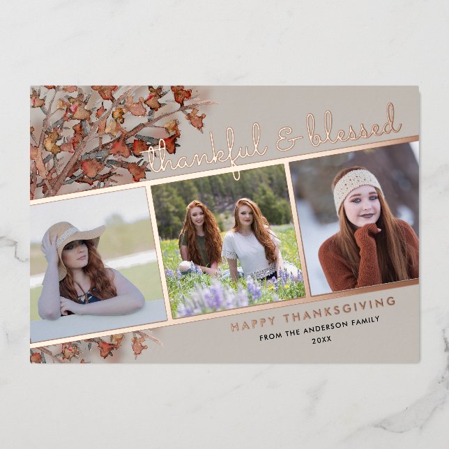 Tarjeta Festiva Con Relieve Metalizado Agradecidos y bendecidos 3 fotos Rosa de Acción de (Anverso)