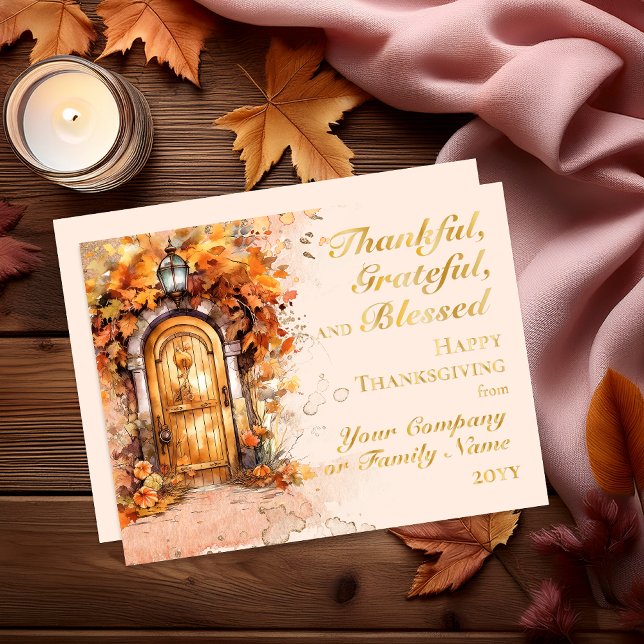 Tarjeta Festiva Con Relieve Metalizado Agradecimiento de agradecimiento a Fall Door (Elegant Wood Door Fall Leaves | Pumpkins "Thankful, Grateful and Blessed Thanksgiving Greeting Card)
