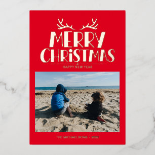 Tarjeta Festiva Con Relieve Metalizado AGREGA TU FOTO Feliz Navidad y Año Nuevo