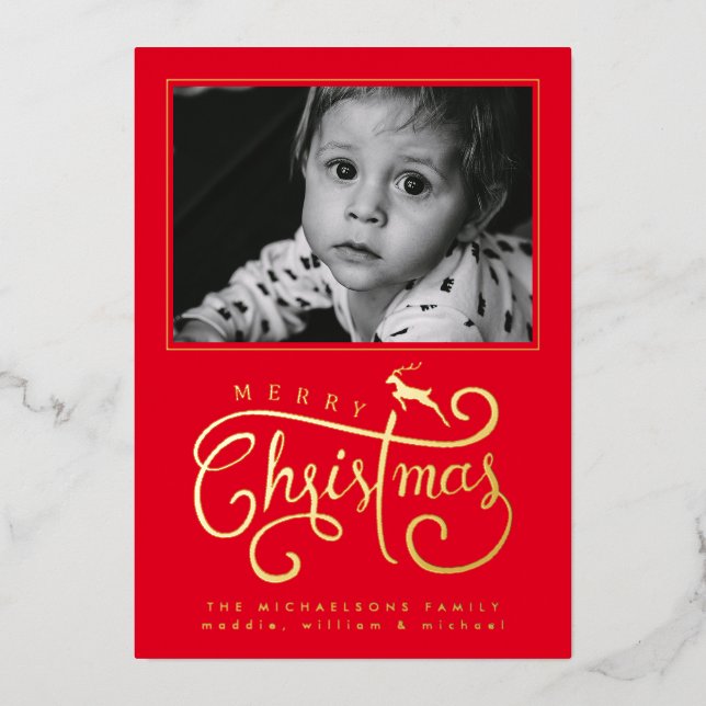 Tarjeta Festiva Con Relieve Metalizado AGREGA TU FOTO | Reno de Navidad Feliz (Anverso)