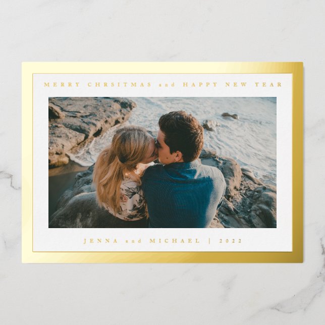 Tarjeta Festiva Con Relieve Metalizado AGREGAR TU FOTO | Feliz Navidad y Feliz Año Nuevo (Anverso)