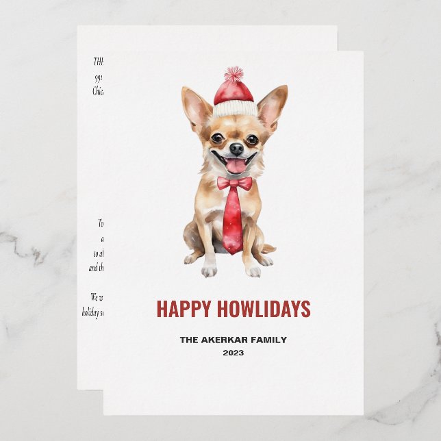 Tarjeta Festiva Con Relieve Metalizado Aguarela Chihuahua Feliz Howlidays (Anverso/Reverso)