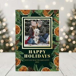 Tarjeta Festiva Con Relieve Metalizado Aguarela de Naranja Seca Pino Felices Fiestas Dora