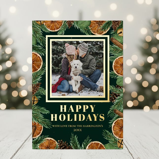 Tarjeta Festiva Con Relieve Metalizado Aguarela de naranja seca Pino Felices Fiestas Oro (Subido por el creador)