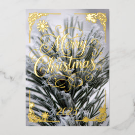 Tarjeta Festiva Con Relieve Metalizado Agujas de pino heladas de navidad de oro