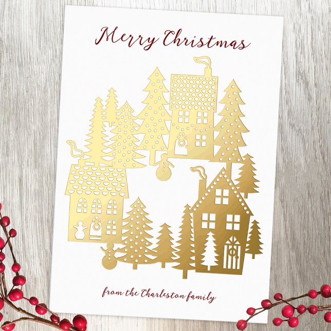 Tarjeta Festiva Con Relieve Metalizado Aldea de los navidades (Gold foil, red and white festive Christmas Village papercut scene personalized Christmas card)