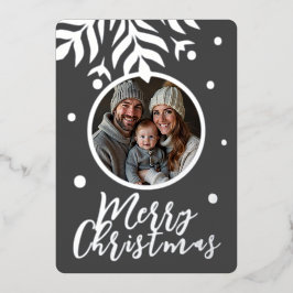 Tarjeta Festiva Con Relieve Metalizado alegre foto gris de Navidad