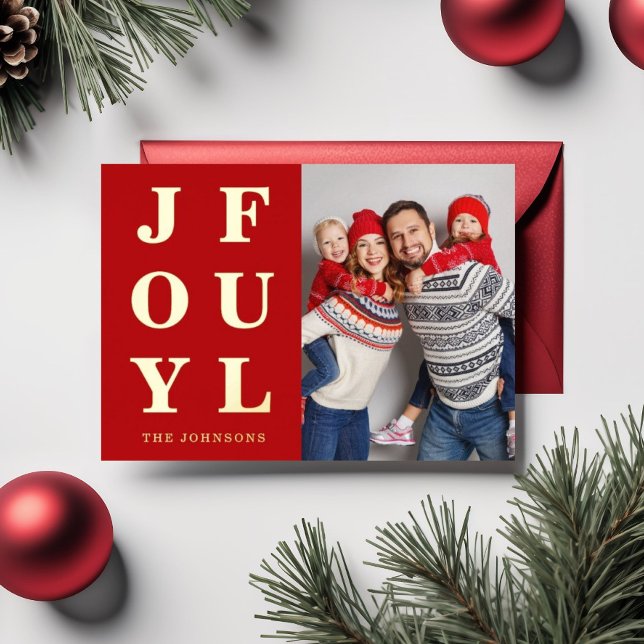Tarjeta Festiva Con Relieve Metalizado Alegre Moderno Rojo Foto Navidad Dorado (Elegant Red Joyful Photo Christmas Gold Foil Holiday Card)