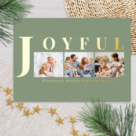 Tarjeta Festiva Con Relieve Metalizado Alegre Navidad Collage Foto Verde Salvia Elegante
