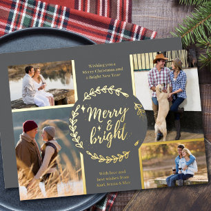 Tarjeta Festiva Con Relieve Metalizado Alegre y Brillante 4 Fotocollage Gris y Dorado