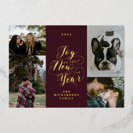 Tarjeta Festiva Con Relieve Metalizado Alegría al Año Nuevo | Cuatro Fotos Elegante Scrip