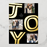 Tarjeta Festiva Con Relieve Metalizado Alegría audaz, moderno, tres Navidades de oro foto<br><div class="desc">Difunde JOY con esta audaz y moderna tarjeta de fotos de vacaciones. Este exclusivo diseño festivo incluye tres fotos alrededor de letras de oro divertidas que deletrean JOY. Esta tarjeta de Navidades geniales es ideal para fotos familiares, parejas, bebés, mascotas y más. La parte posterior es un negro que coincide...</div>