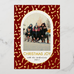 Tarjeta Festiva Con Relieve Metalizado Alegría de Navidad con Foto Arqueada de Caramelo R