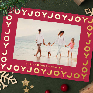 Tarjeta Festiva Con Relieve Metalizado Alegría de ORO Foto de Navidad Marco Rojo Magent