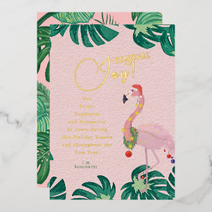 Tarjeta Festiva Con Relieve Metalizado Alegría Estacional Flamenco Rosa de Santa Hojas Tr