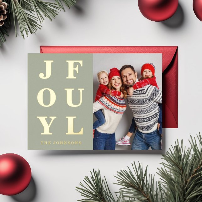 Tarjeta Festiva Con Relieve Metalizado Alegría Mínima Foto Navidad Dorado (Modern Blue Joyful Photo Christmas Holiday Card)