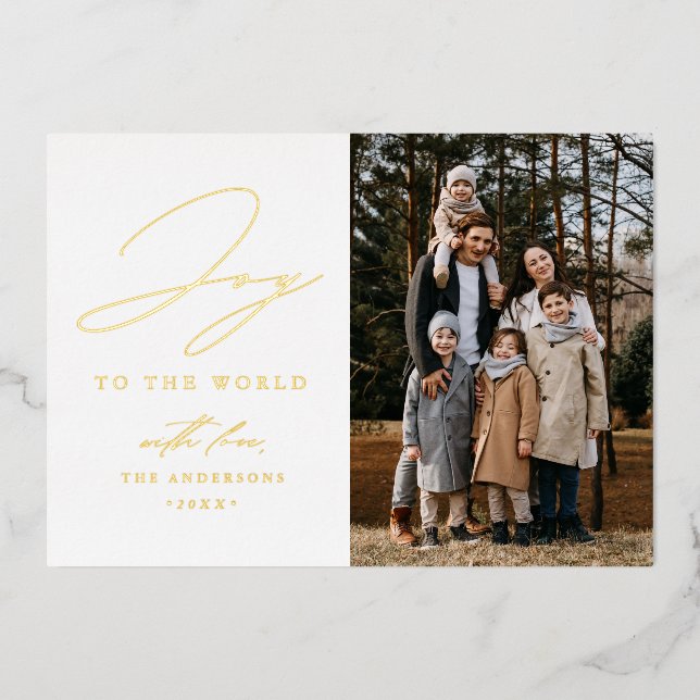 Tarjeta Festiva Con Relieve Metalizado Alegría moderna a la foto mundial (Anverso)