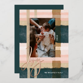 Tarjeta Festiva Con Relieve Metalizado Alegría | Moderna foto de color verde y rosa de co