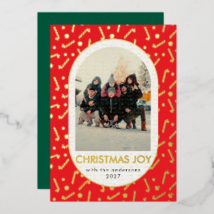 Tarjeta Festiva Con Relieve Metalizado Alegría Navideña Moderna con Bastón Rojo Arqueado