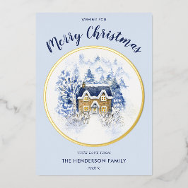 Tarjeta Festiva Con Relieve Metalizado Algodón Vintage cubierto de nieve de color agua