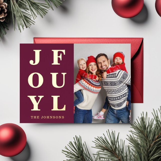 Tarjeta Festiva Con Relieve Metalizado Allegre Foto Elegante Navidad Oro (Elegant Burgundy Joyful One Photo Christmas Gold Foil Holiday Card)