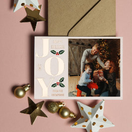 Tarjeta Festiva Con Relieve Metalizado Almond Holly Elegant Joy Rose Gold Photo