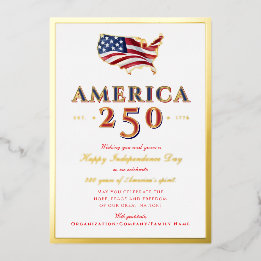 Tarjeta Festiva Con Relieve Metalizado America 250 Map Semiquincentennial Patriotic Red