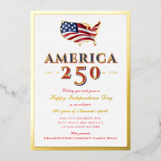 Tarjeta Festiva Con Relieve Metalizado America 250 Map Semiquincentennial Patriotic Red