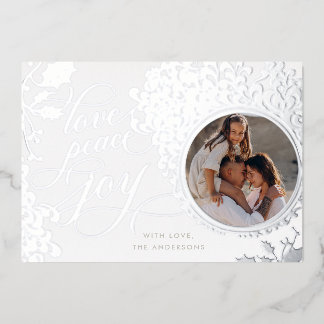 Tarjeta Festiva Con Relieve Metalizado Amor de Caligrafía Vintage, Alegría, Paz 1 Foto 