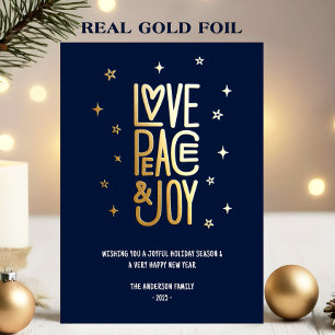 Tarjeta Festiva Con Relieve Metalizado Amor Moderno Paz y Alegría Navidad sin Fotos