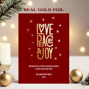 Tarjeta Festiva Con Relieve Metalizado Amor Moderno Paz y Alegría Navidad sin Fotos