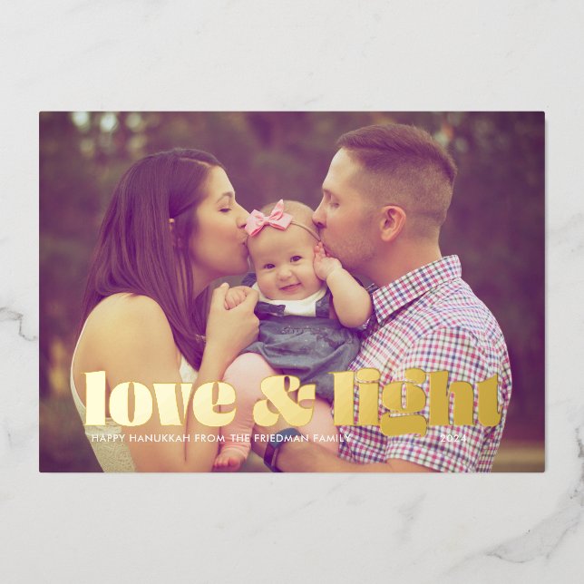 Tarjeta Festiva Con Relieve Metalizado Amor y luz Hanukkah (Anverso)