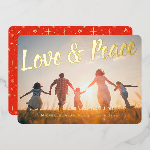 Tarjeta Festiva Con Relieve Metalizado Amor y Paz Brillo Rojo Retro Navidad