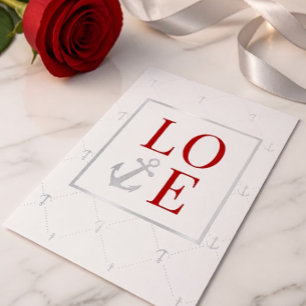 Tarjeta Festiva Con Relieve Metalizado Ancla de plata y amor rojo de San Valentín