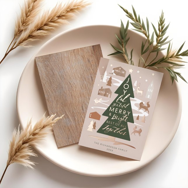 Tarjeta Festiva Con Relieve Metalizado Animales del Bosque del Árbol de Navidad & Pueblo  (Christmas Tree Woodland Animals & Cozy Village Foil Holiday Card)
