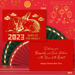 Tarjeta Festiva Con Relieve Metalizado Año Nuevo Chino 2023 Conejo Oro