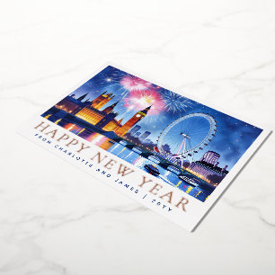 Tarjeta Festiva Con Relieve Metalizado Año Nuevo Feliz Acuarela Personalizada Fuegos Arti