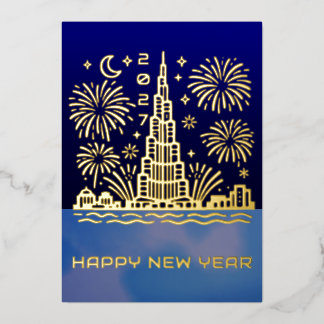 Tarjeta Festiva Con Relieve Metalizado Año Nuevo Fuegos Artificiales Dubaï 2027 Oro