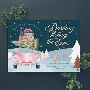 Tarjeta Festiva Con Relieve Metalizado Año Nuevo Hogar Nevado Color de agua rosa Retro
