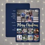 Tarjeta Festiva Con Relieve Metalizado Any Text 9 Photo Collage Simple Navy Blue and Gold<br><div class="desc">Send stylish joyful greetings and share 9 of your favorite pictures with a custom photo collage navy blue and gold foil holiday card. All text on this template is simple to customize to include any wording, such as Merry Christmas, Happy Holidays, Seasons Greetings, New Year Cheers etc. (IMAGE PLACEMENT TIP:...</div>