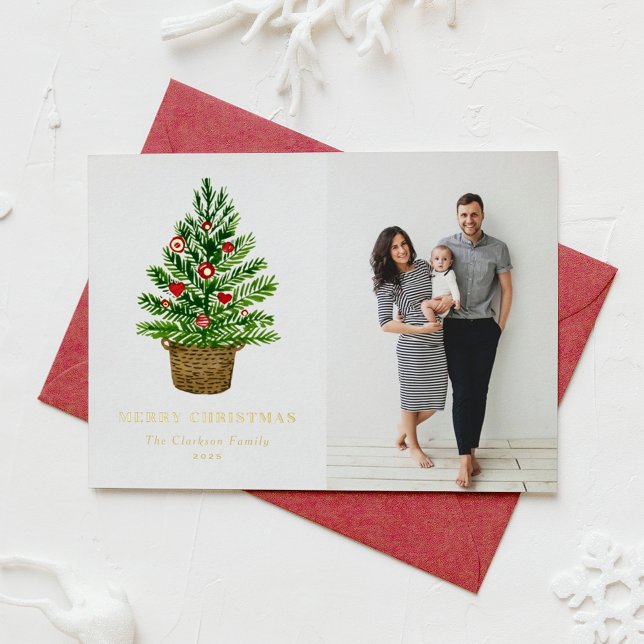 Tarjeta Festiva Con Relieve Metalizado Árbol acuático de Navidad en una foto de mimbre (Subido por el creador)