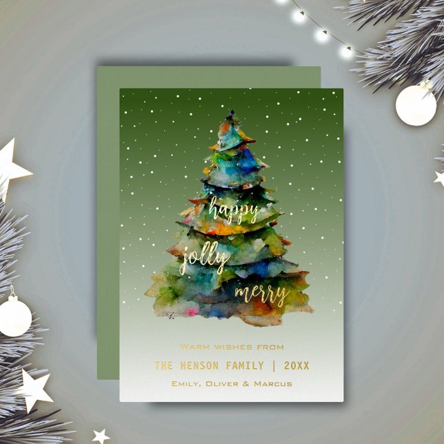 Tarjeta Festiva Con Relieve Metalizado Árbol de Navidad acuarela Merry Jolly Happy (Subido por el creador)