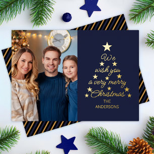 Tarjeta Festiva Con Relieve Metalizado Árbol de Navidad Azul Marino Estrellas Doradas Fot