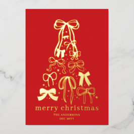 Tarjeta Festiva Con Relieve Metalizado Árbol de Navidad con cinta roja moderna Foto dorad