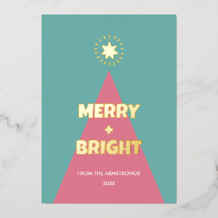 Tarjeta Festiva Con Relieve Metalizado Árbol de Navidad de Bloque de Color Moderno Coral 