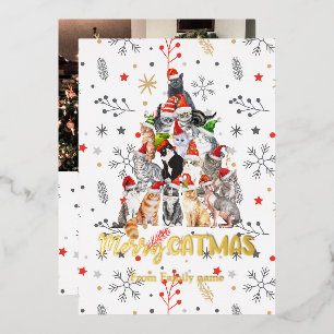 Tarjeta Festiva Con Relieve Metalizado Árbol de Navidad de gatos y gatitos de vacaciones